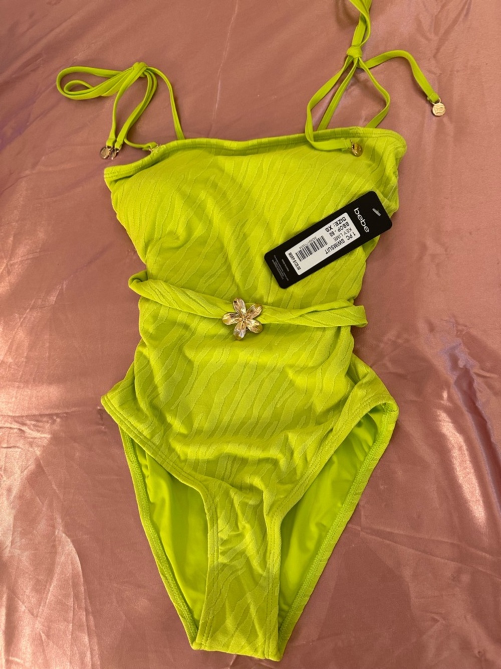 bebe Neon Lime Textured One-Piece with Floral Buckle